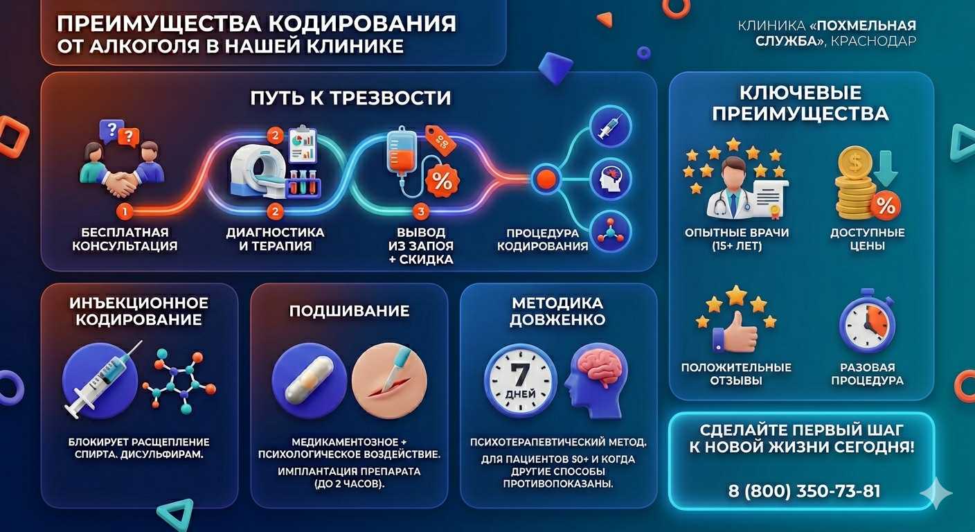 Инфографика о методах кодирования от алкоголя в Трёхгорном: инъекции, подшивание, метод Довженко. Преимущества клиники и этапы лечения.