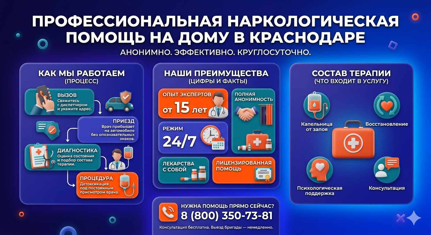 Инфографика о принципах лечения алкоголизма на дому в Трёхгорном: этапы вызова нарколога, преимущества анонимной детоксикации и состав медицинской помощи.